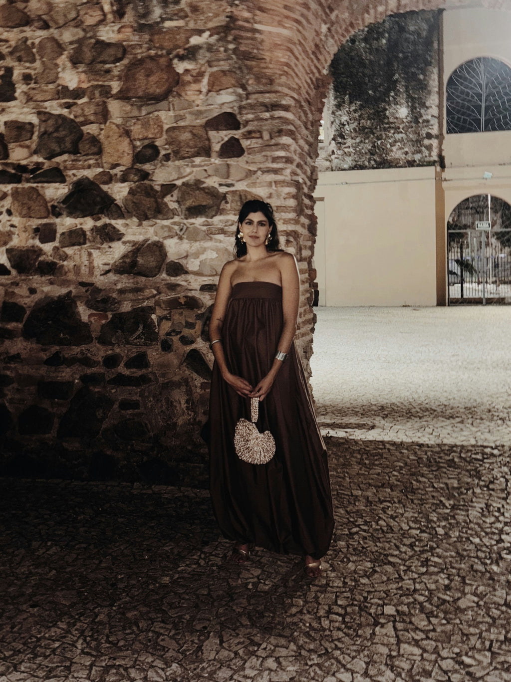 vestido longo balone marrom