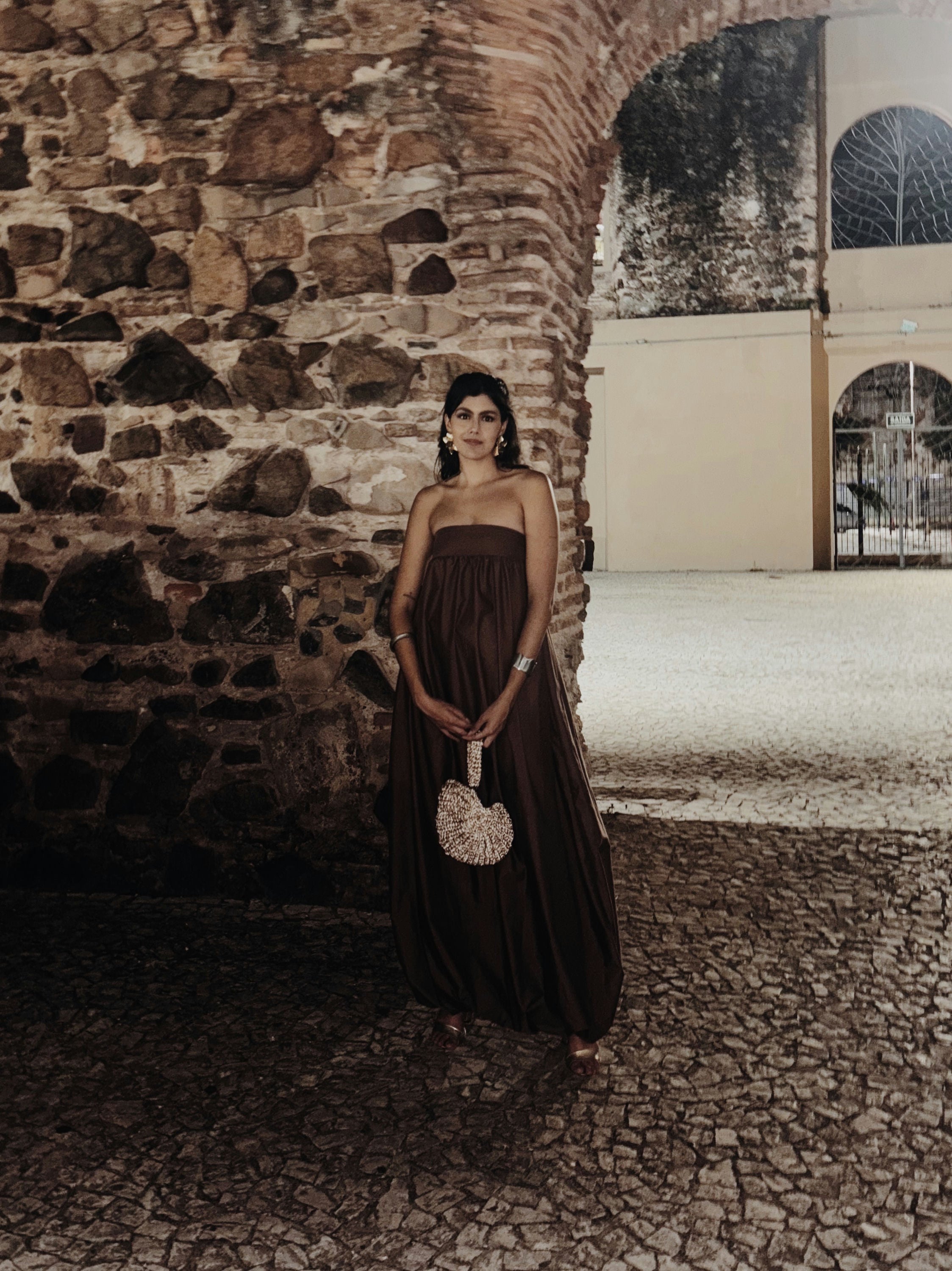 vestido longo balone marrom