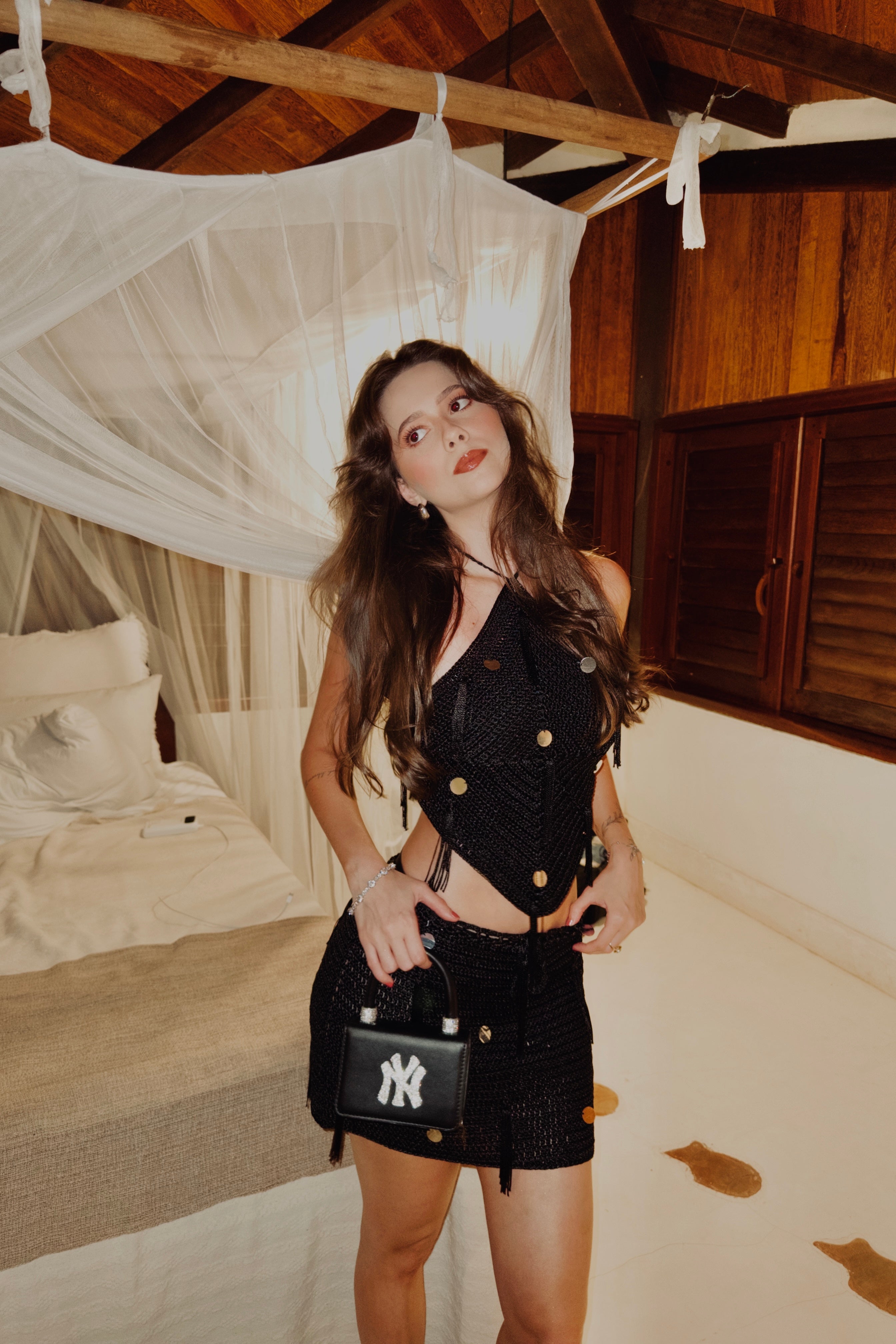 conjunto crochê aplicações preto