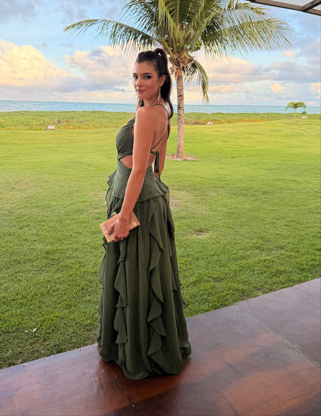 Vestido longo verde militar 38