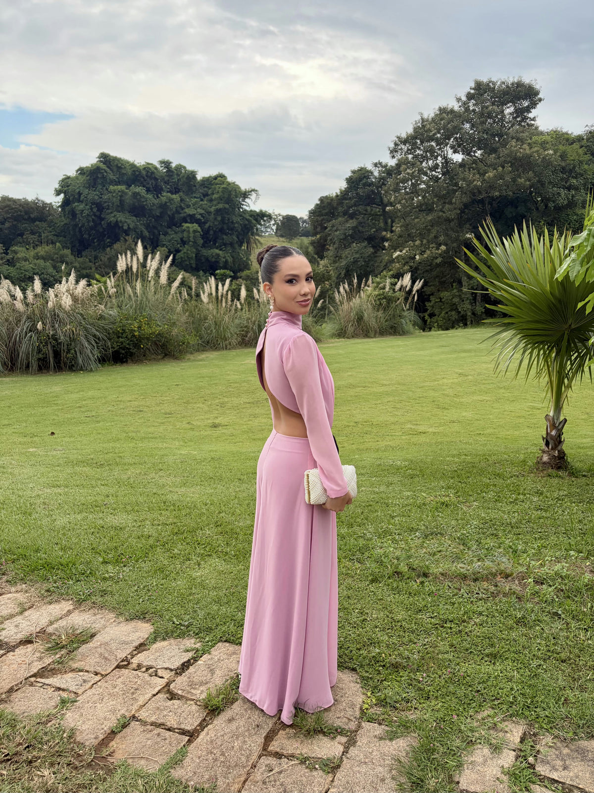 vestido laço veludo rosa