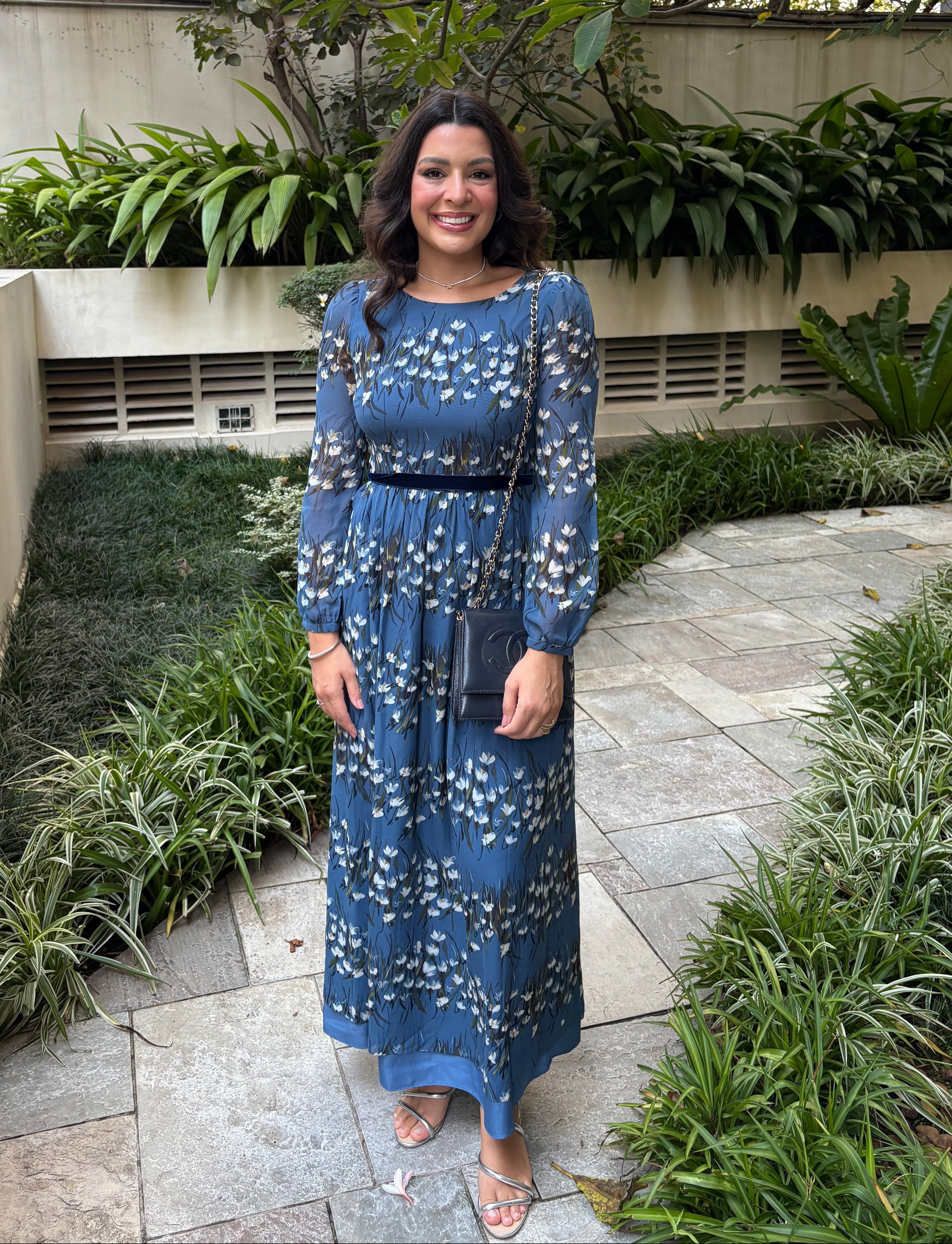 vestido manga florido azul