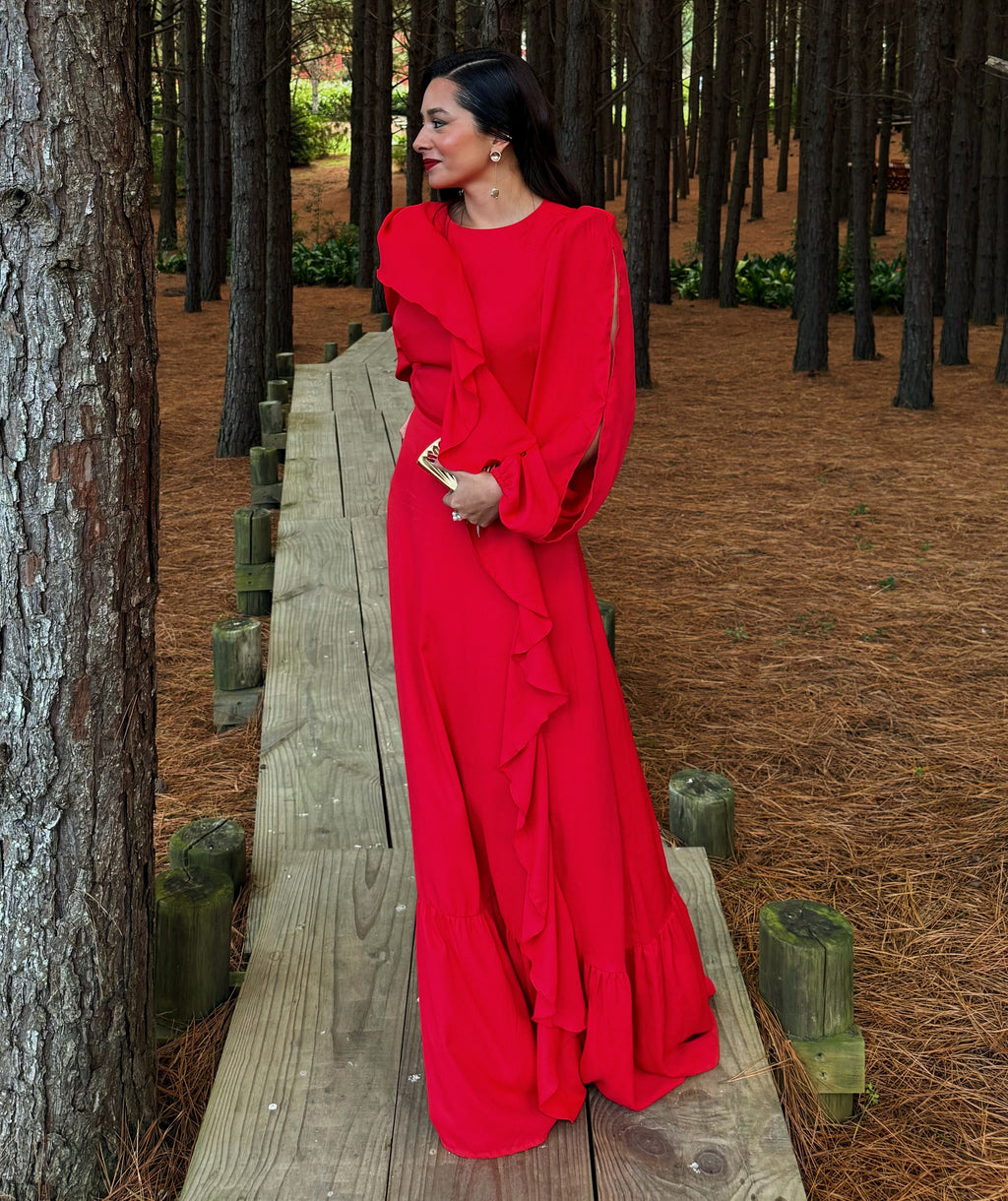 Vestido vermelho manga longa com babado