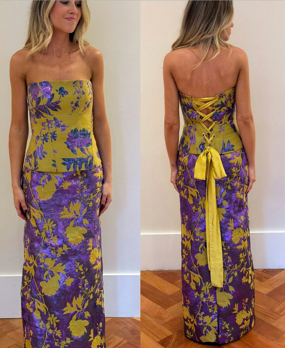 vestido jacquard lima e roxo