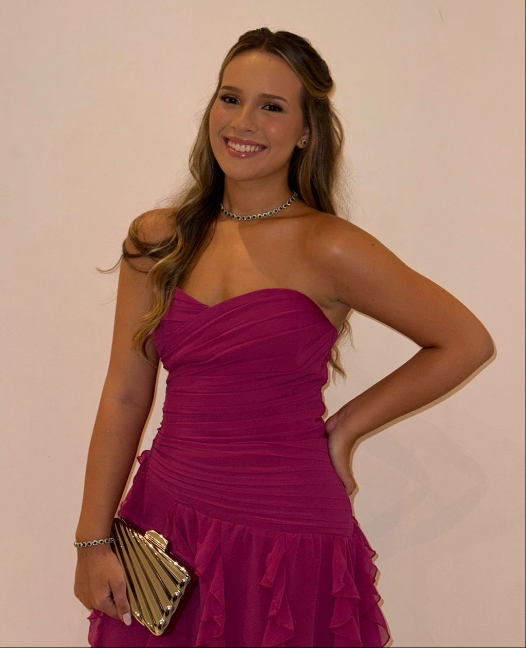 Vestido corset plissado fúxia