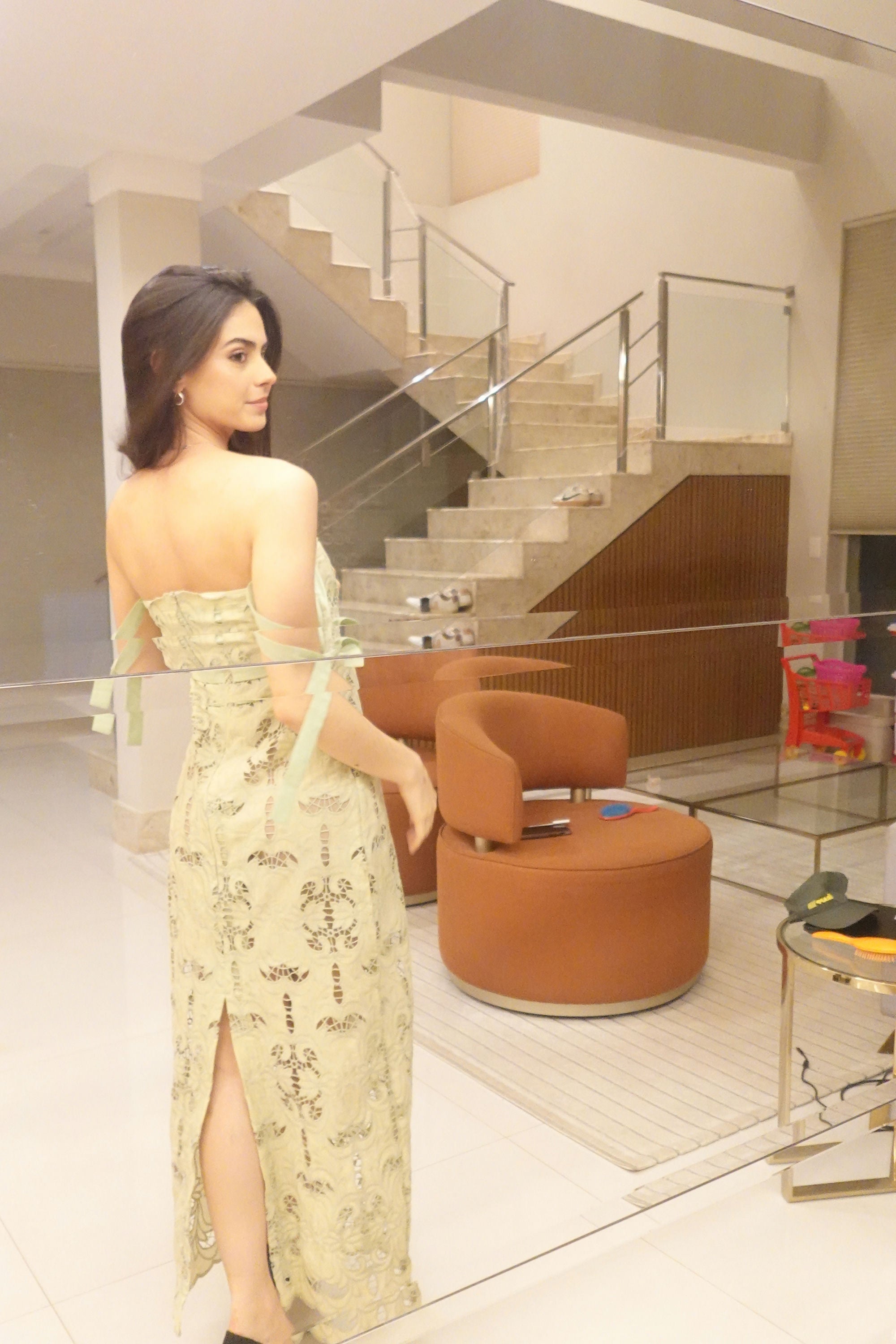 vestido renda laço verde