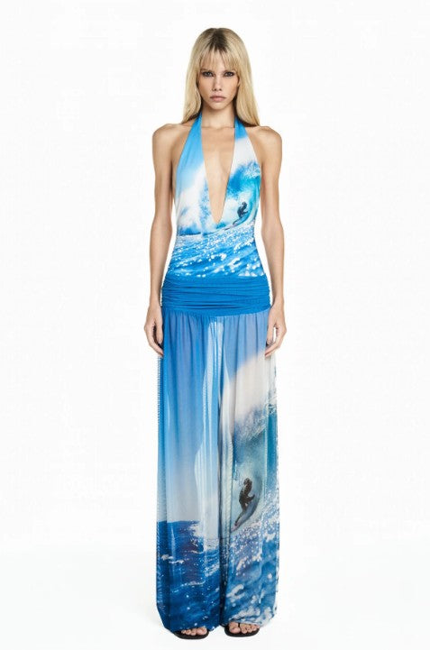 CALÇA PALA DRAPEADA ELÁSTICO BARRA TULE SURF AZUL - Tam P