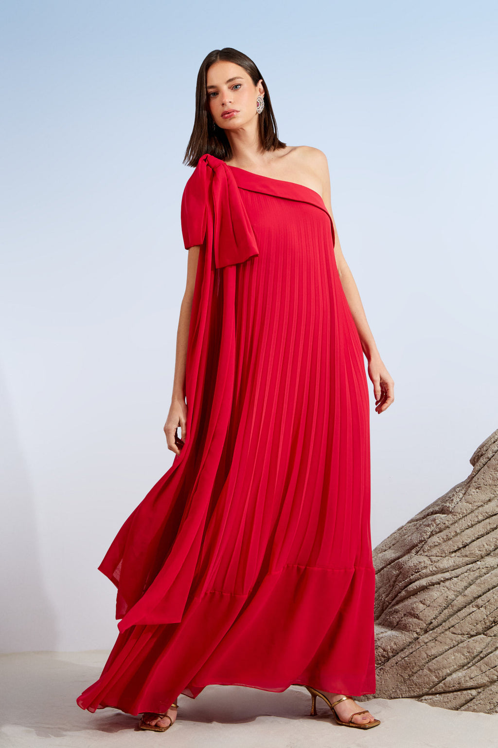 Vestido longo vermelho plissado ombro só tamanho 36