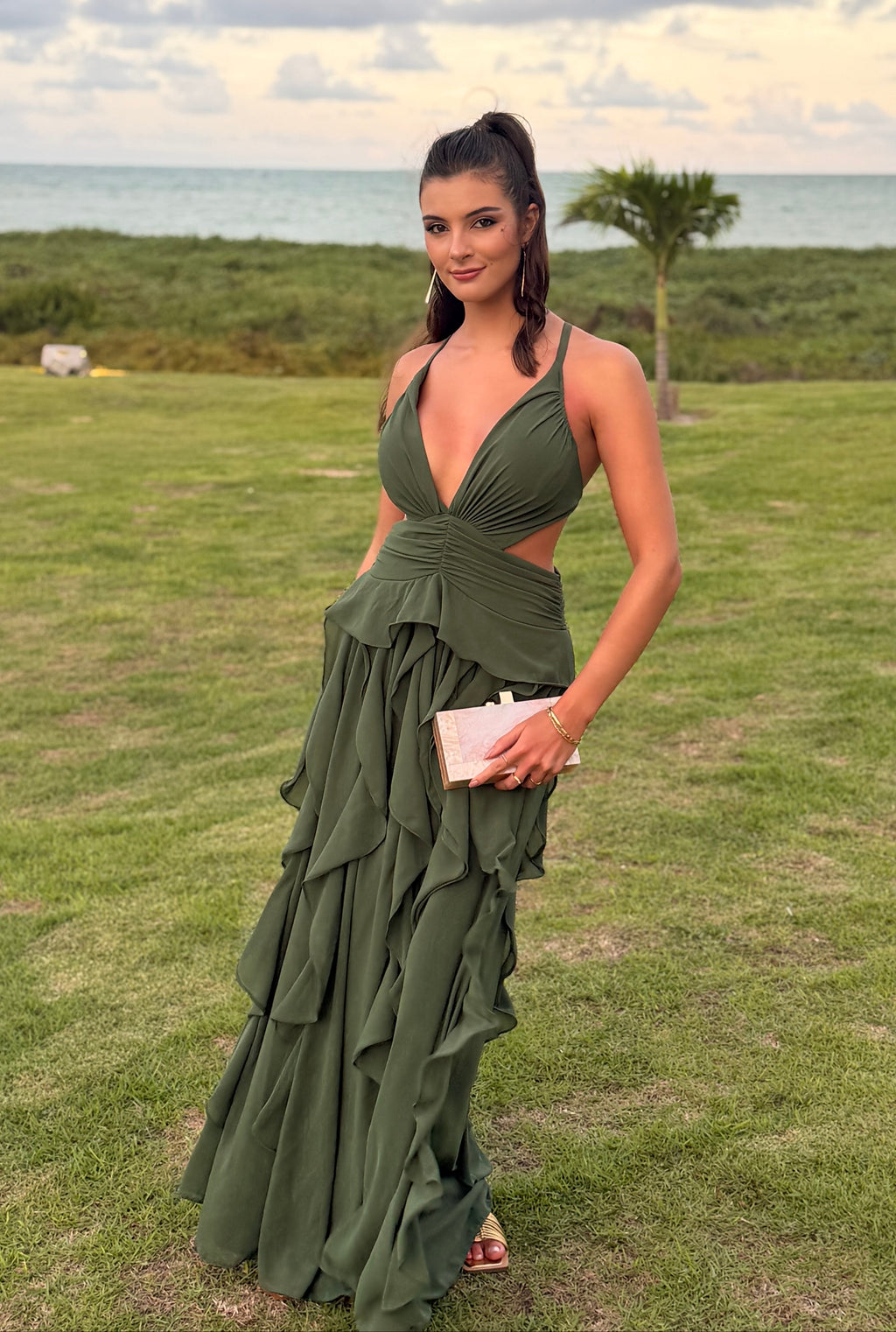 Vestido longo verde militar 38
