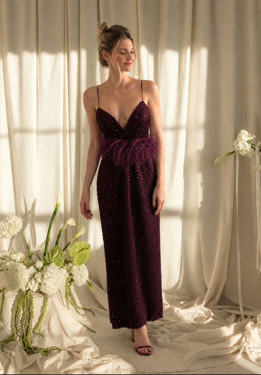 Vestido midi roxo com plumas tamanho P (36)