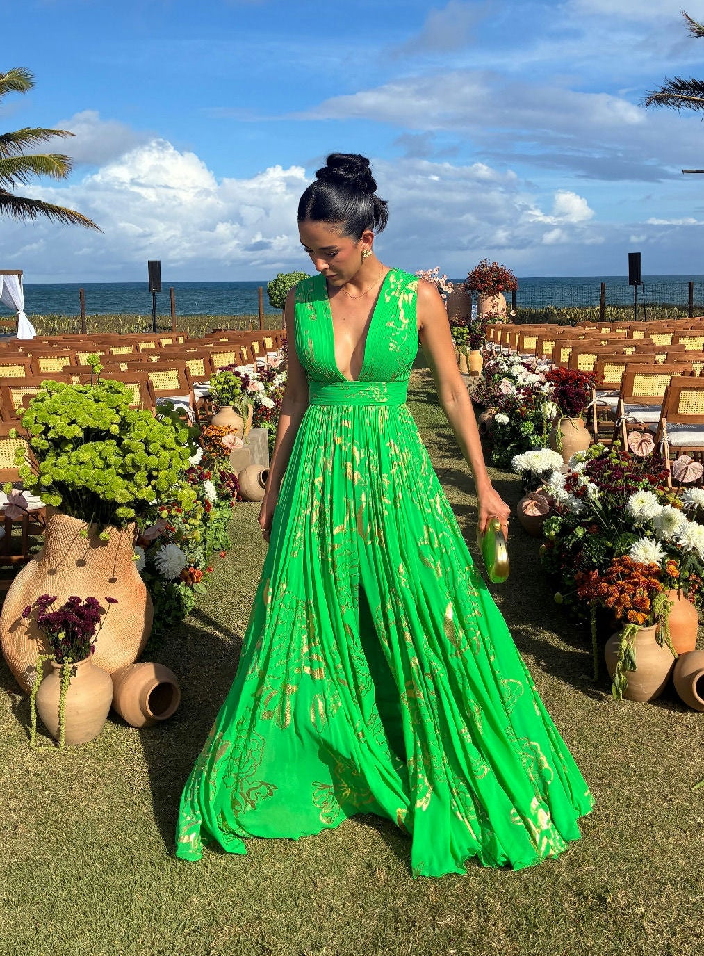 vestido detalhe verde printing